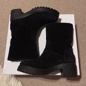 Moncler Suede Shearling Lined Black Mid Heeled Rubber Lug Sole Winter Boots